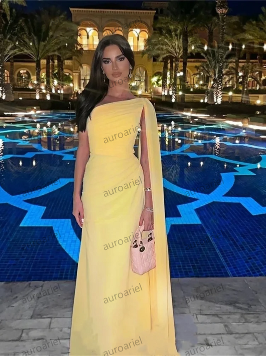 Yellow Celebrity Evening Dress One-Shouldered Chiffon Sleeveless Mopping Slim Fit Formal Occasion Cocktail Prom Gown