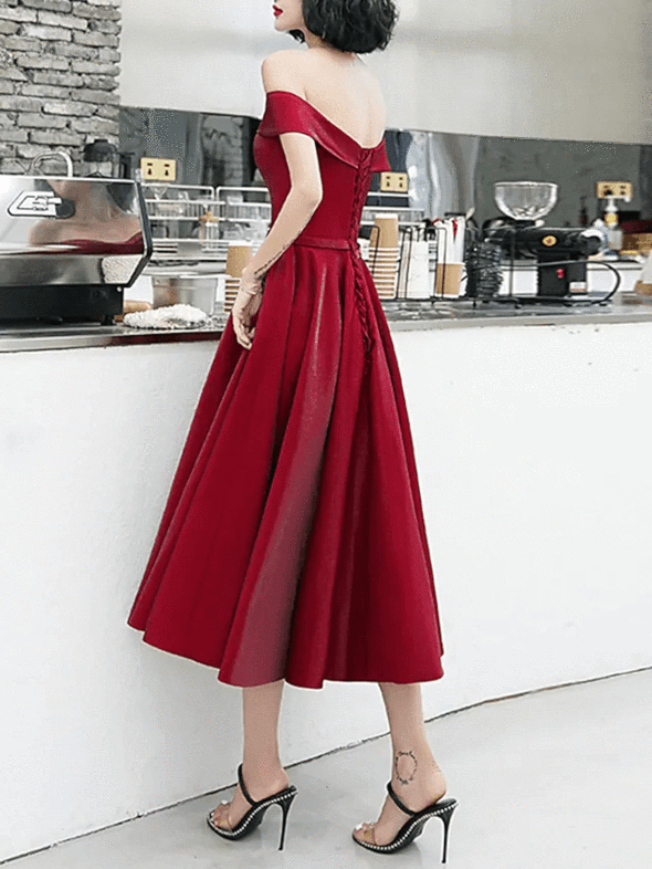 A-Line Minimalist Elegant Engagement Prom Dress Off Shoulder Short Sleeve Tea Length Satin with Sash / Ribbon Pleats Beading