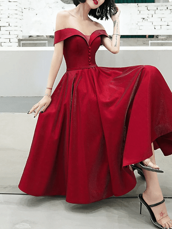 A-Line Minimalist Elegant Engagement Prom Dress Off Shoulder Short Sleeve Tea Length Satin with Sash / Ribbon Pleats Beading