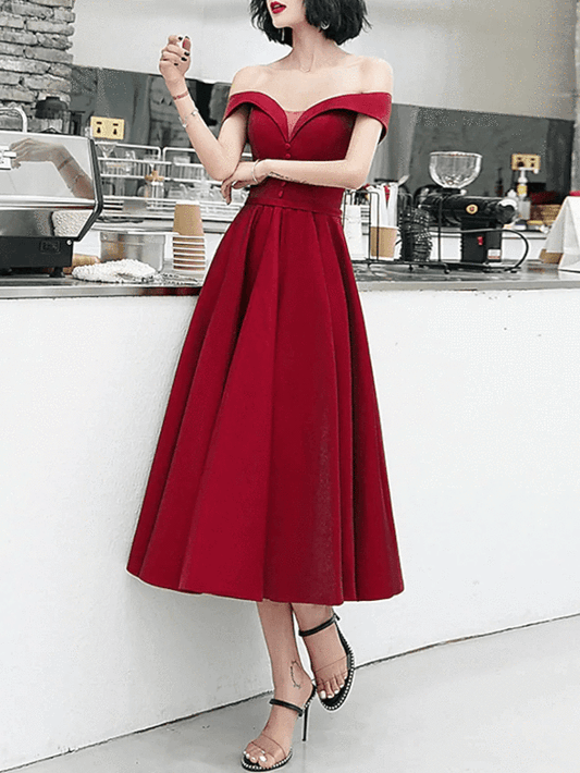 A-Line Minimalist Elegant Engagement Prom Dress Off Shoulder Short Sleeve Tea Length Satin with Sash / Ribbon Pleats Beading