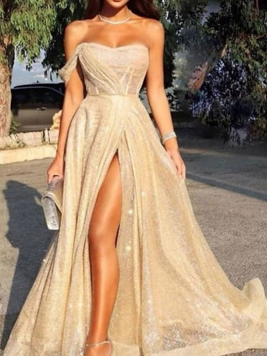 A-Line Sparkle Sexy Engagement Prom Dress Strapless Sleeveless Sweep / Brush Train Sequined with Pleats Split