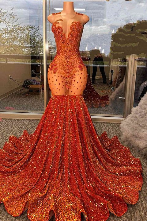 Glamorous Burnt Orange Scoop Sleeveless Mermaid Formal Dresses With Sequins Beadings