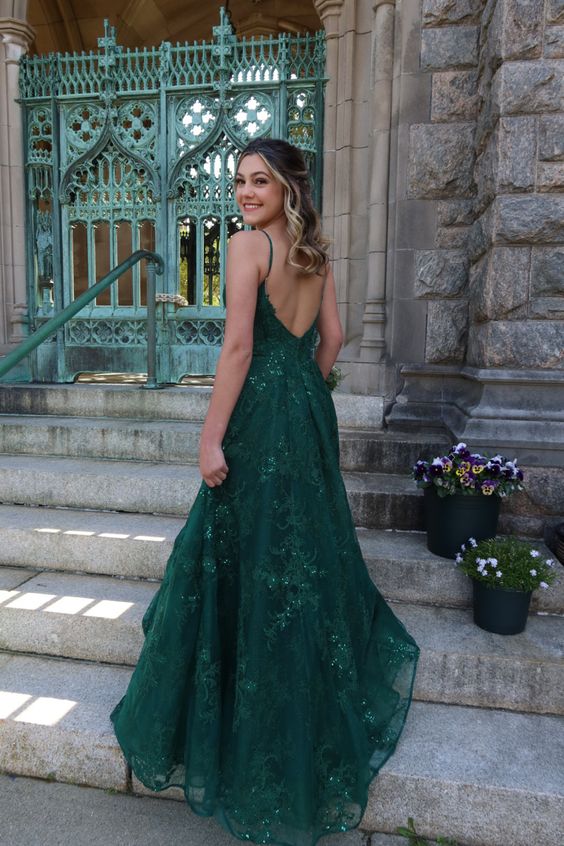 Sparkly Emerald Green Lace Applique Prom Dresses Spaghetti Straps Tulle Glitter Plus Size Party Dress Formal Evening Gown