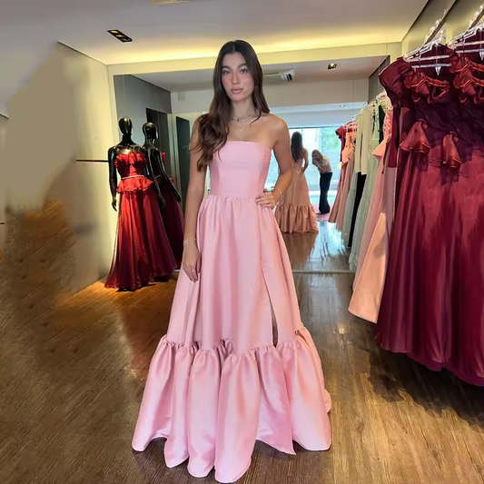 Pink Evening Dress Strapless Ruched Teens Homecoming Dress Wedding Guest Gowns Long Formal Occasion Dress Customized