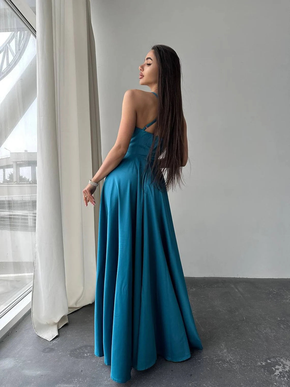 Turquoise Prom Dress, Turquois, Evening Dress, Turquoise Dress With Straps, Turquoise Blue Maxi Dress, Turquoise Satin Dress, Corset Dress