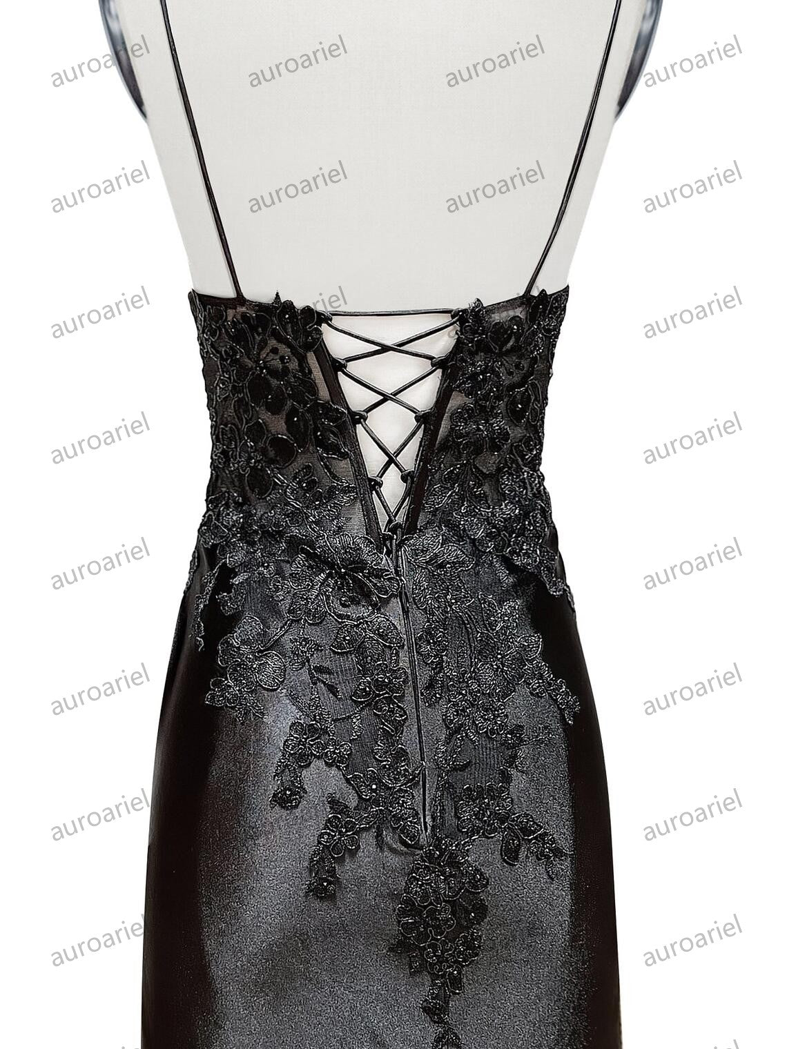 V Neck Black Mermaid Lace Prom Dresses, Black Mermaid Lace Formal Evening Dresses