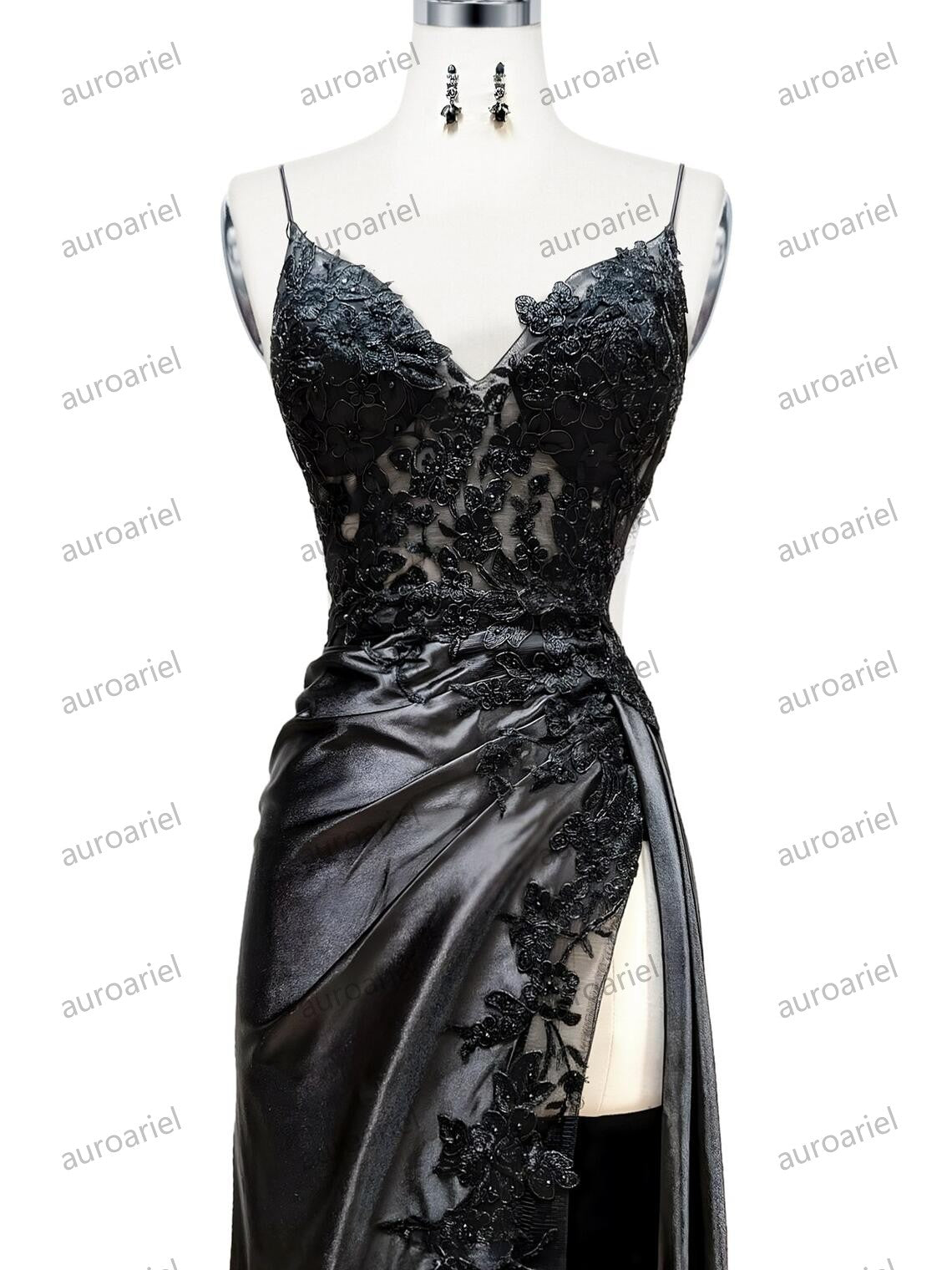 V Neck Black Mermaid Lace Prom Dresses, Black Mermaid Lace Formal Evening Dresses