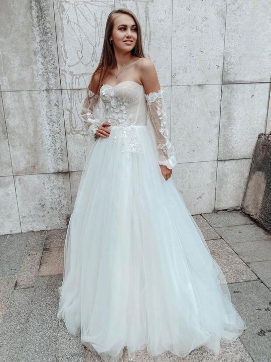 White tulle lace long prom dress, white lace evening dress