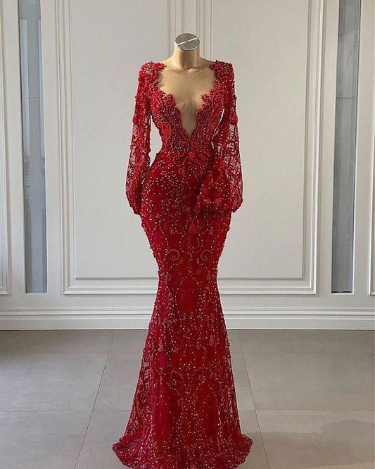 Red Prom Dress long Prom Dresses Long Sleeve Lace Mermaid Evening Gowns