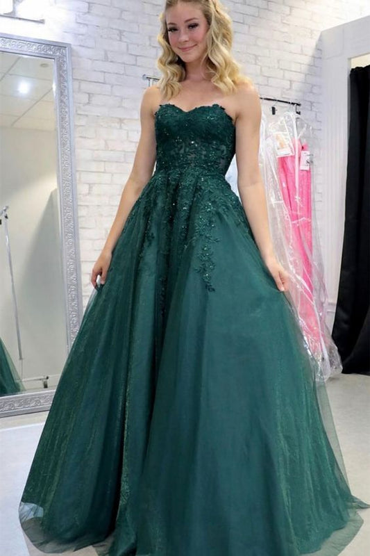 Strapless Green Lace Tulle Long Prom Dress, Green Lace Formal Graduation Evening Dress