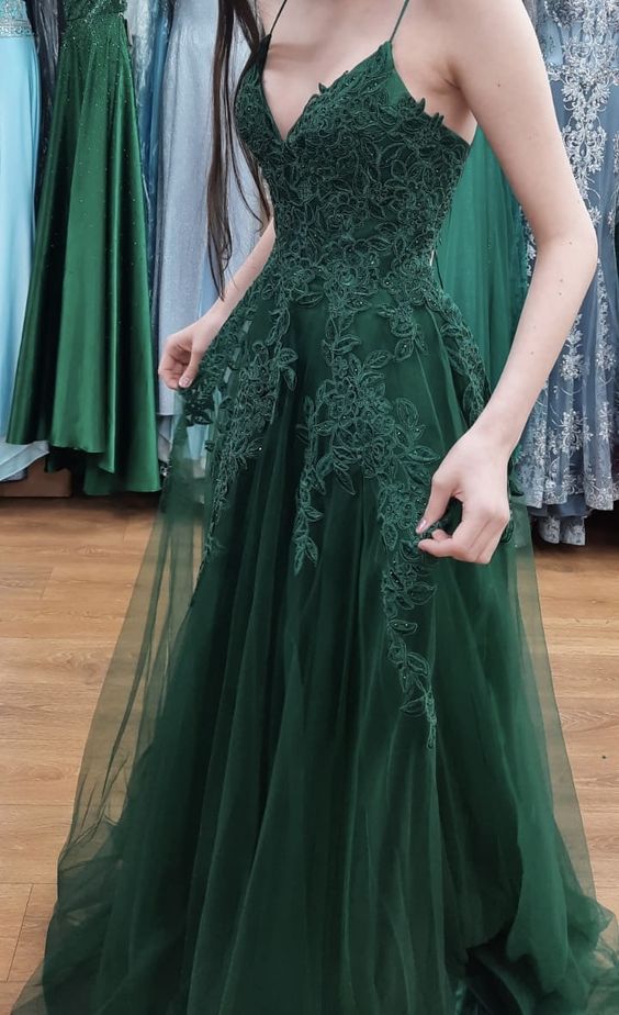 Sparkly Emerald Green Lace Applique Prom Dresses Spaghetti Straps Tulle Glitter Plus Size Party Dress Formal Evening Gown