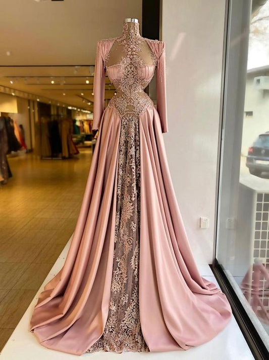 High Neck Pink Evening Dresses Long Sleeve Lace Appliqued A Line Beaded Formal Prom Gowns Custom Made Plus Size Pageant Wear