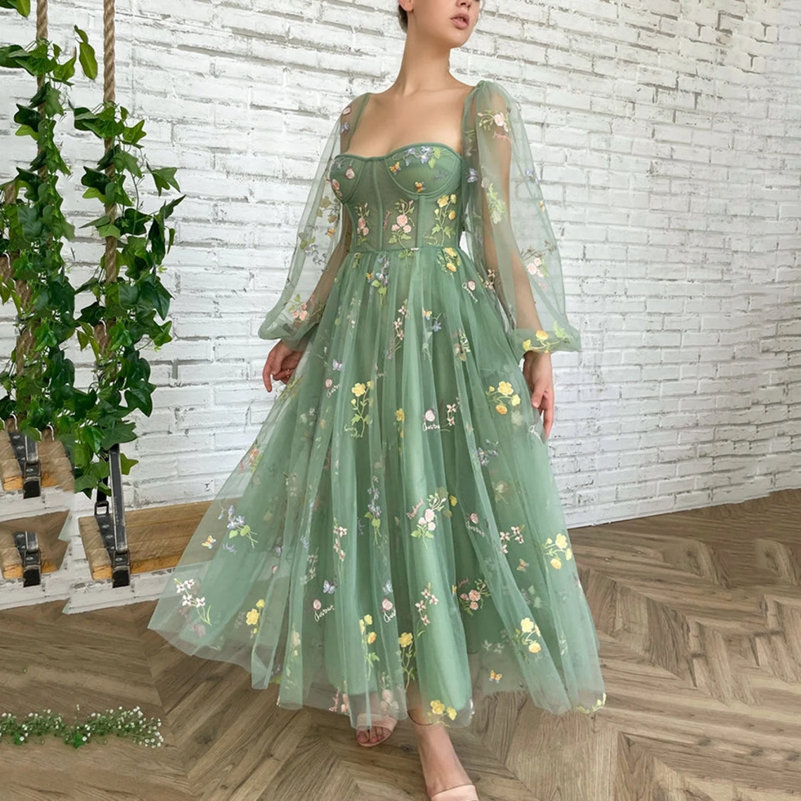 Green Tulle Prom Dress, Sweetheart Neckline Dress, Long Sleeves Embroidered Prom Dress, Flower Dress Ankle Length Dress, Tulle Prom Dress