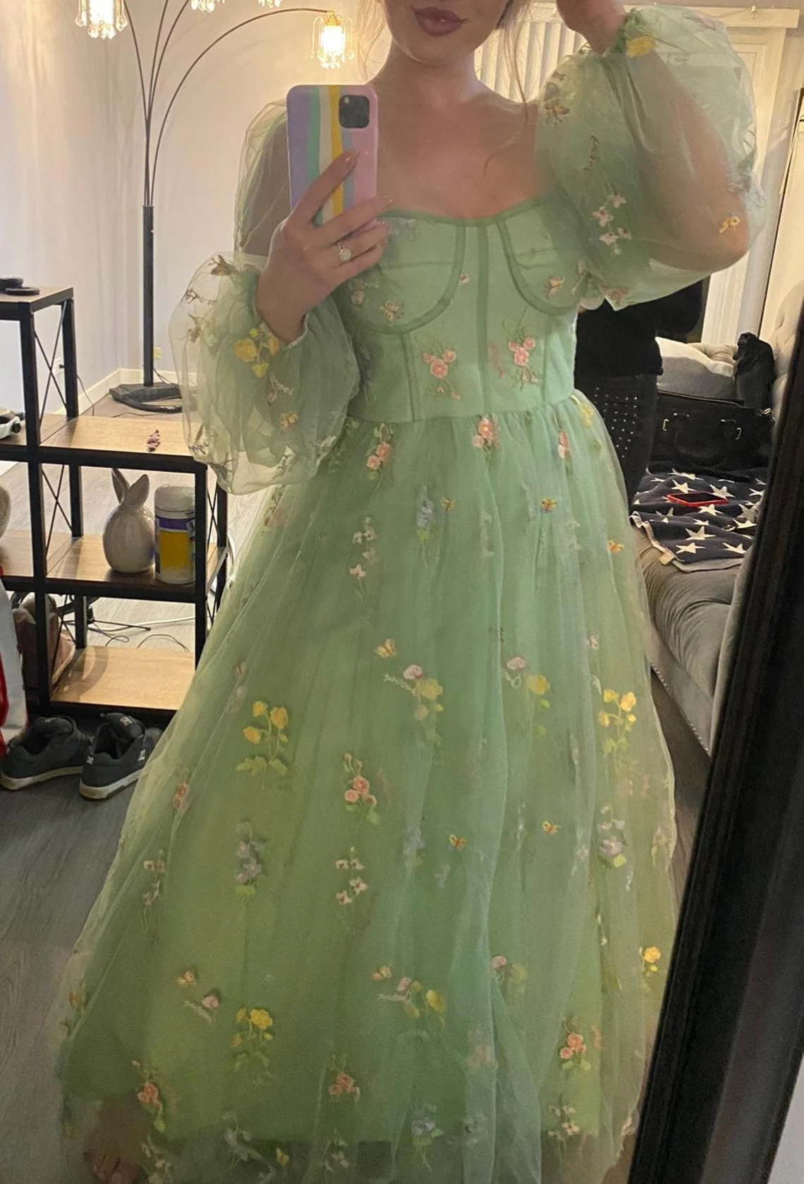 Green Tulle Prom Dress, Sweetheart Neckline Dress, Long Sleeves Embroidered Prom Dress, Flower Dress Ankle Length Dress, Tulle Prom Dress