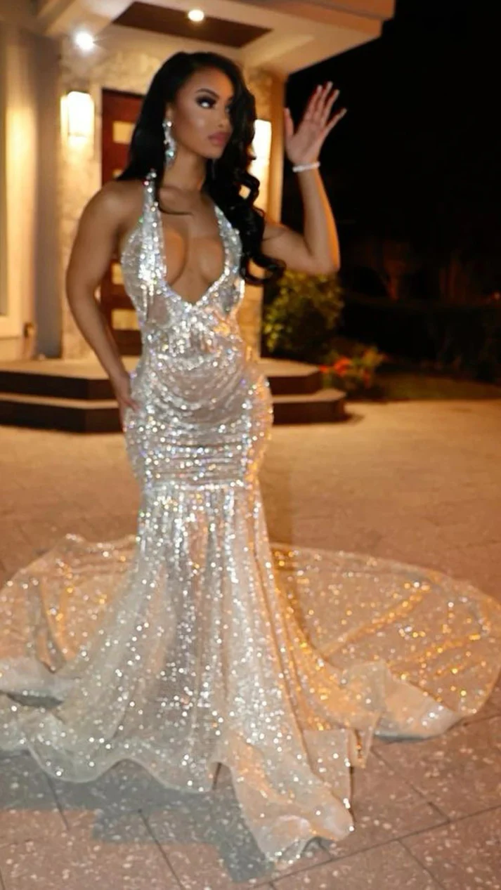 Shinning mermaid prom dress with train