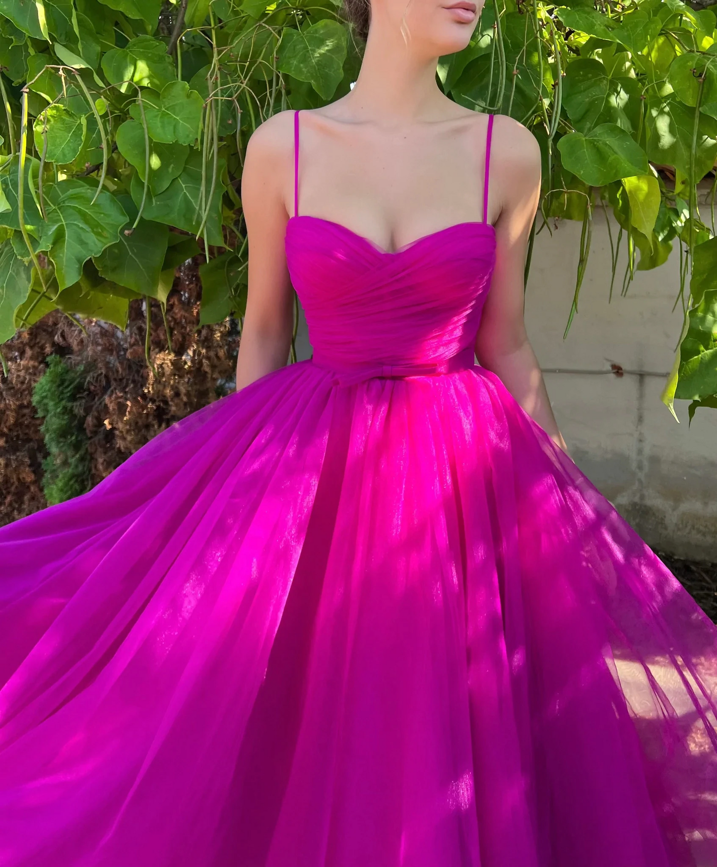 Fuchsia Lovely Short Prom Dresses Ruffle Spaghetti Straps Tea Length Tulle Homecoming Party Gowns Wedding Guest Party Wear