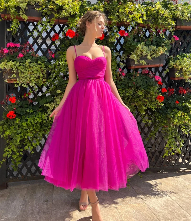 Fuchsia Lovely Short Prom Dresses Ruffle Spaghetti Straps Tea Length Tulle Homecoming Party Gowns Wedding Guest Party Wear