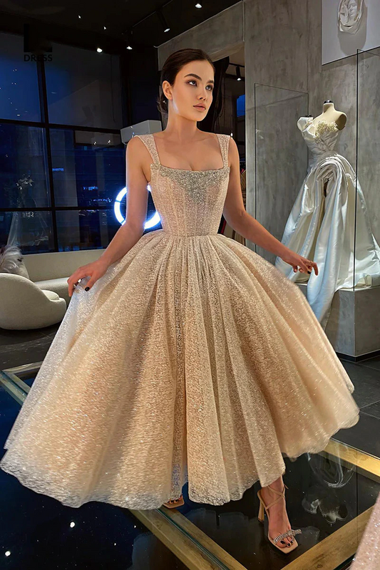 Elegant Champagne Sleeveless Scoop Beaded Sparkly Prom Formal Gown Tea-Length Sequined Ball Gown