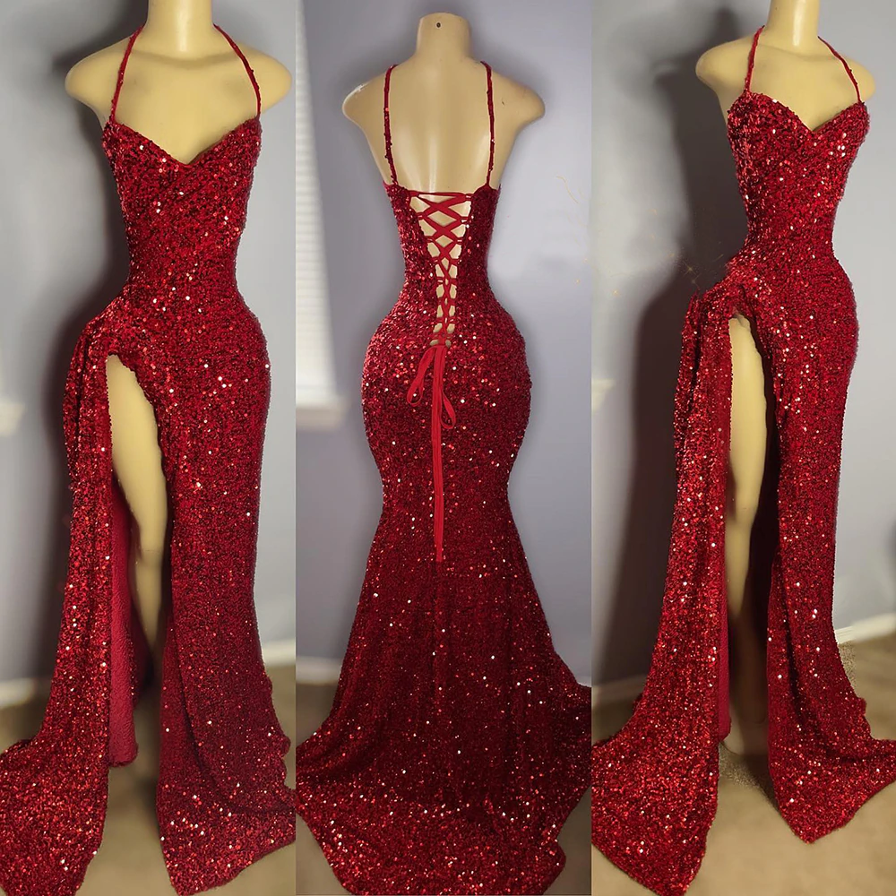 Real Sample Sexy High Slit Halter Sleeveless Sparkly Red Sequined Black Girls Long Prom Dresses