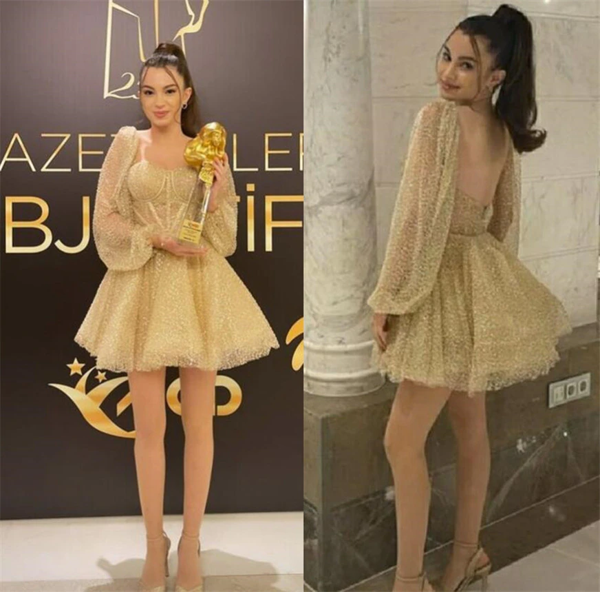 Sparkly Gold Short Homecoming Dresses Mini Skirt Puff Long Sleeves Exposed Boning Champagne Girls Party Celebrity Gowns Backless