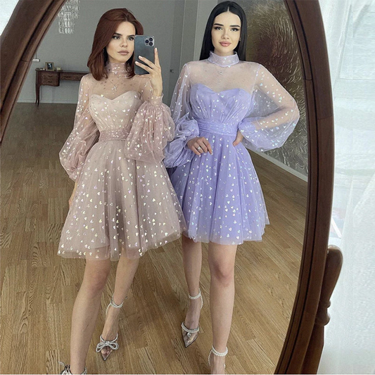 Soft Tulle Homecoming Dresses High Collar Sheer Long Sleeves Graduation Party Women Wear Cocktail Short Prom Gowns