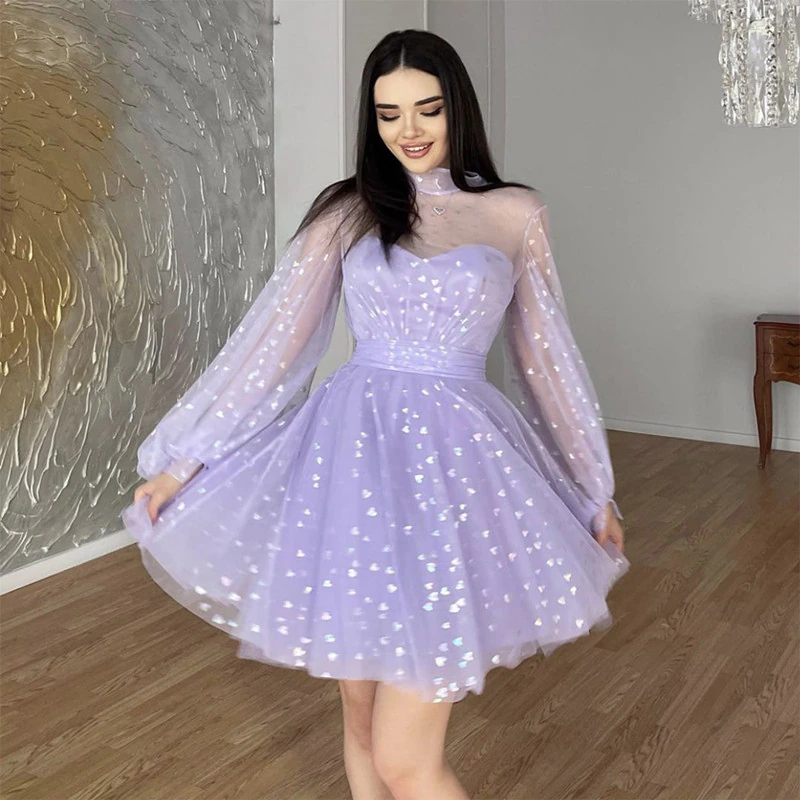 Soft Tulle Homecoming Dresses High Collar Sheer Long Sleeves Graduation Party Women Wear Cocktail Short Prom Gowns