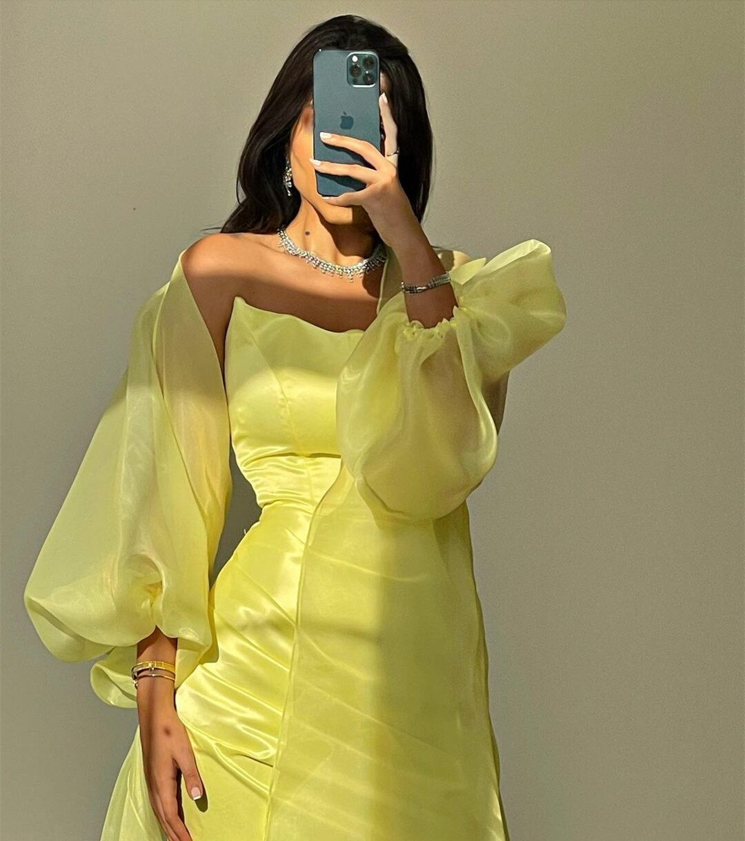 Women's Long Yellow Muslim Evening Dresses Sheath Tea Length Вечерние платья Pleated Robes de soirée Stretchy