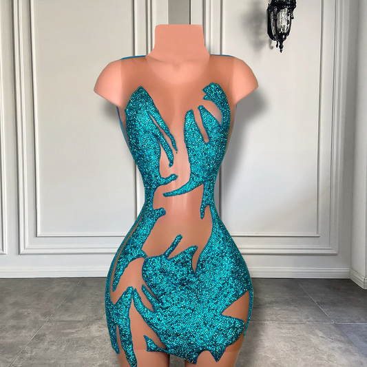 Sexy Sheer See Through Women Cocktail Birthday Party Gowns Blue Crystals Black Girl Short Prom Dresses