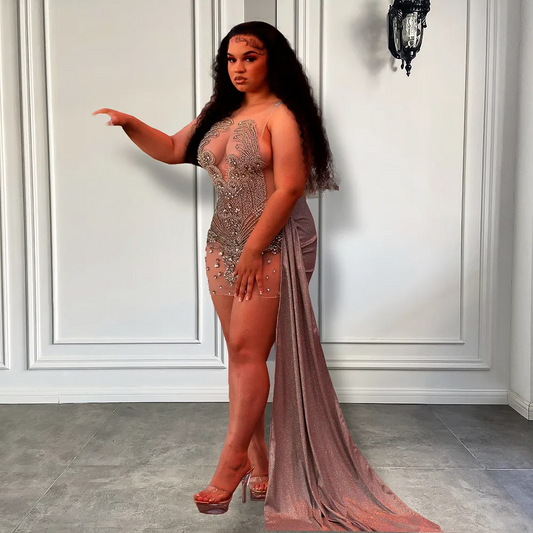 Plus Size See Through Luxury Sparkly Crystals Women Birthday Party Gowns Black Girls Short Prom Dresses With Side Train