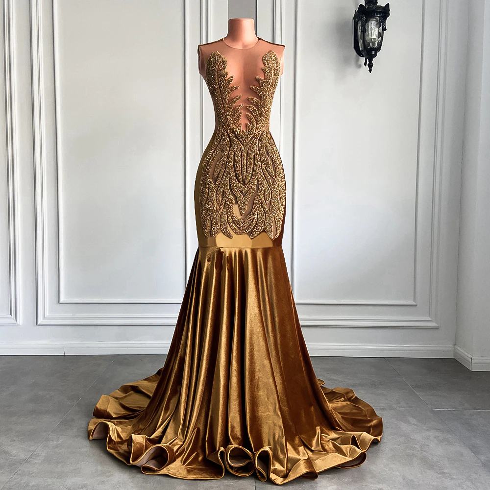 Long Gold Prom Dresses Real Picture Sheer Top Luxury Sparkly Diamond Velvet Black Girl Mermaid Prom Party Gala Gowns