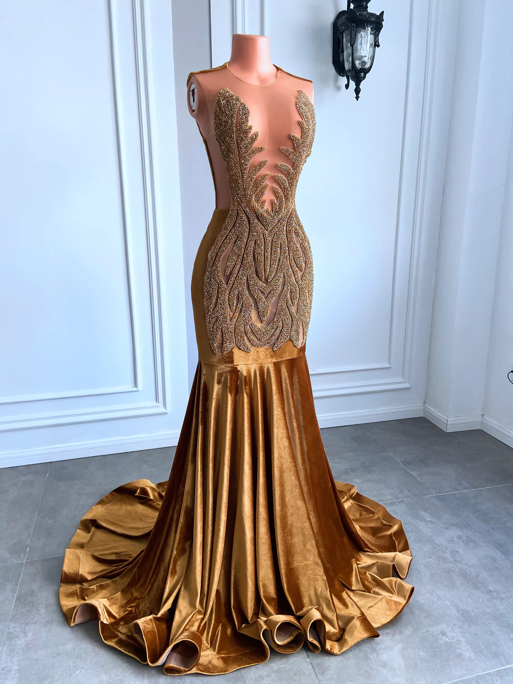 Long Gold Prom Dresses Real Picture Sheer Top Luxury Sparkly Diamond Velvet Black Girl Mermaid Prom Party Gala Gowns