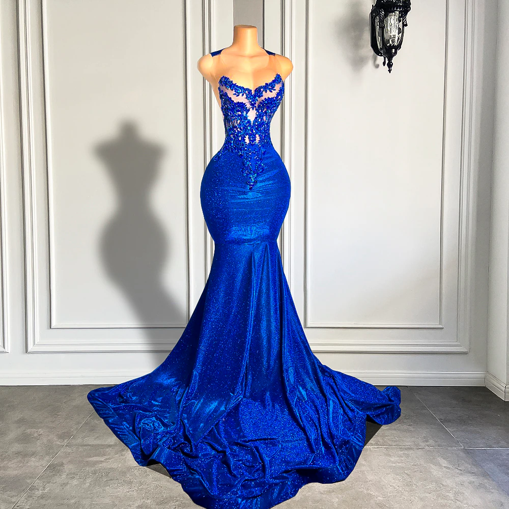 Royal Blue Long Prom Dresses Luxury Beaded Embroidery Sexy Mermaid Style Black Girl Prom Gala Party Gowns