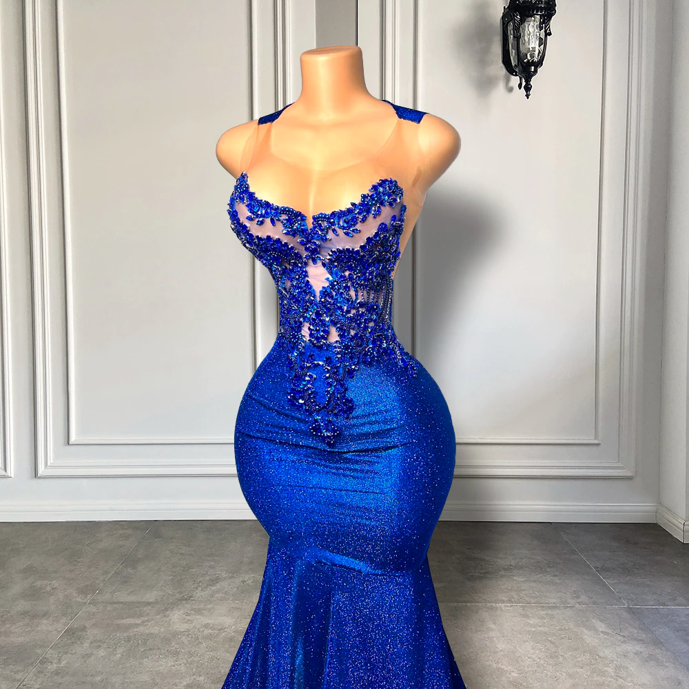 Royal Blue Long Prom Dresses Luxury Beaded Embroidery Sexy Mermaid Style Black Girl Prom Gala Party Gowns