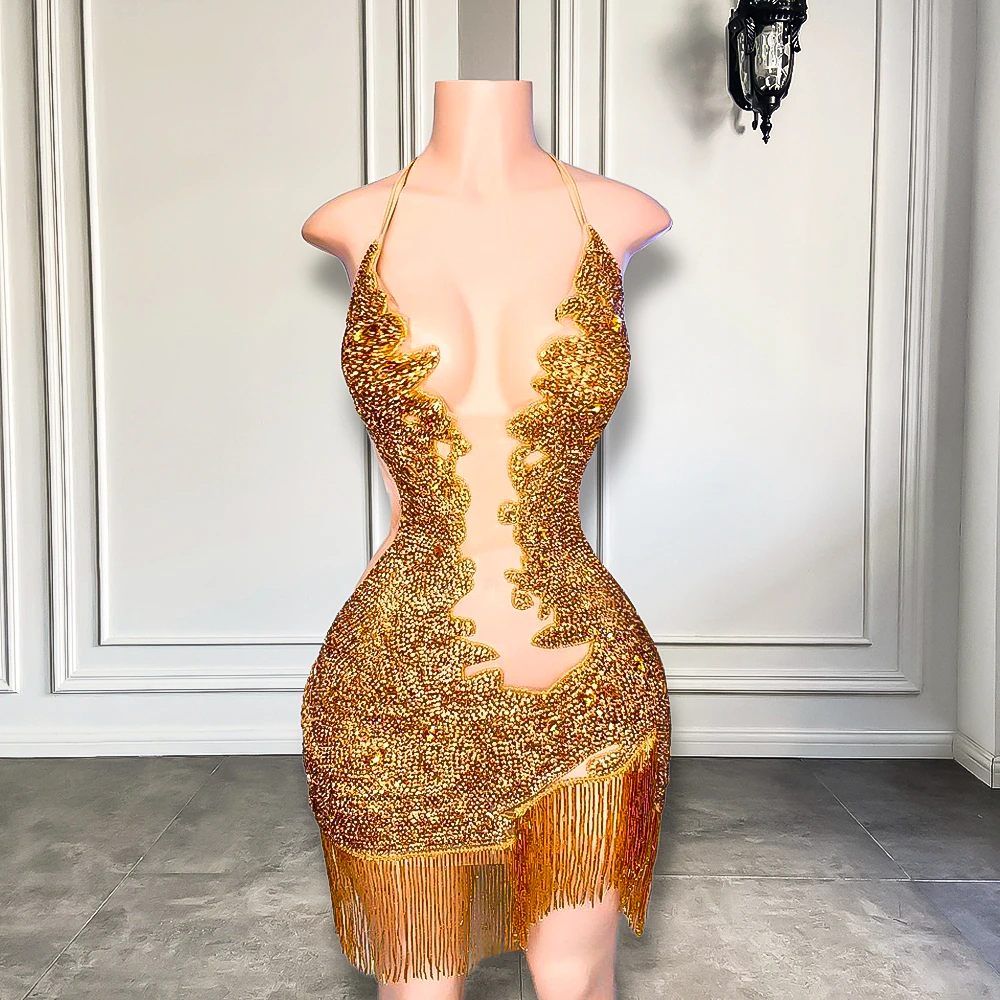 Sparkly Diamond Sexy Sheer See Through Halter Black Girls Mini Gold Short Prom Dresses For Birthday Party