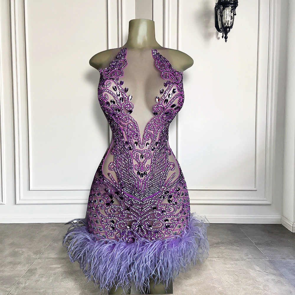 New Luxury Sparkly Purple Diamond Women Birthday Party Gowns Feather Mini Short Prom Dresses For Black Girls