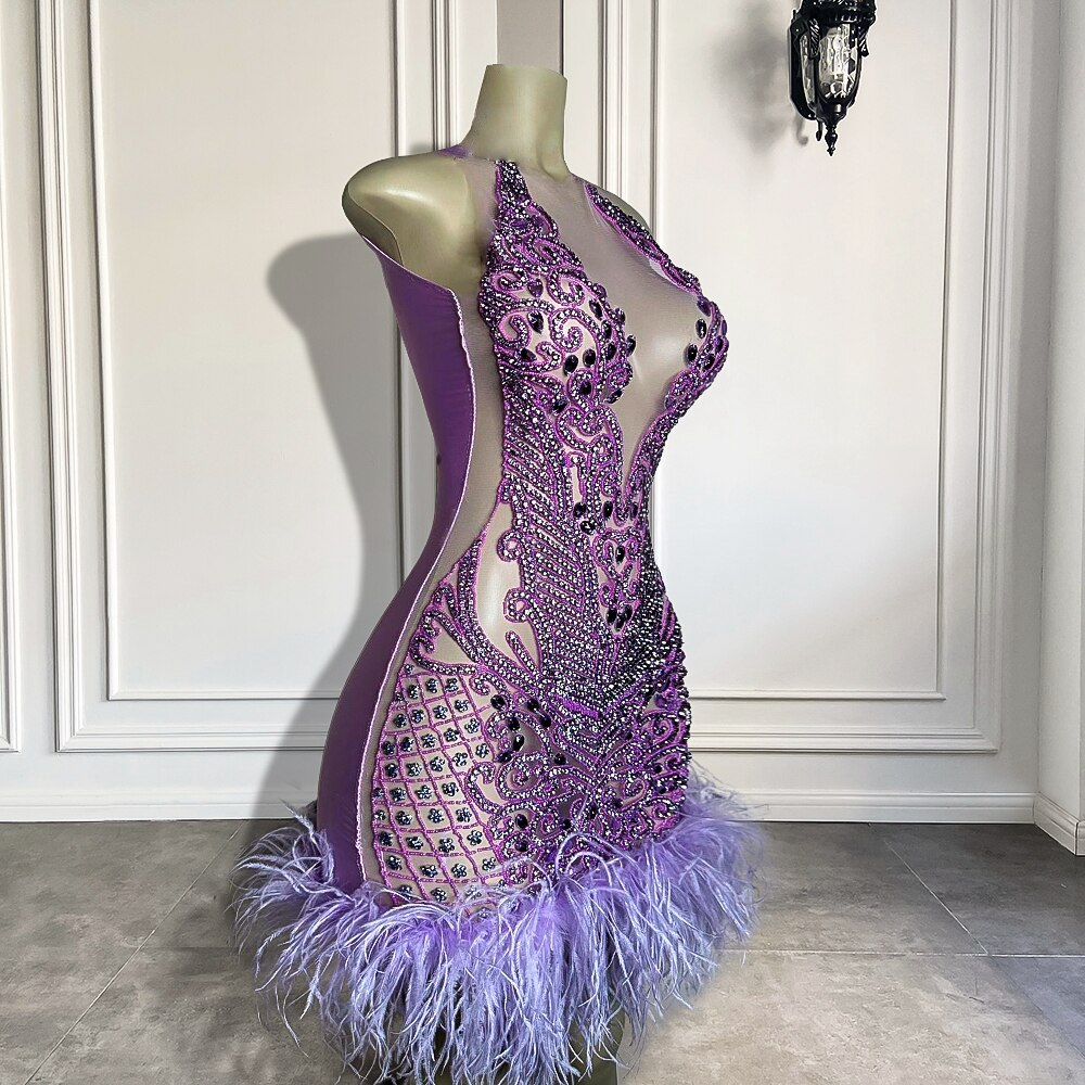 New Luxury Sparkly Purple Diamond Women Birthday Party Gowns Feather Mini Short Prom Dresses For Black Girls