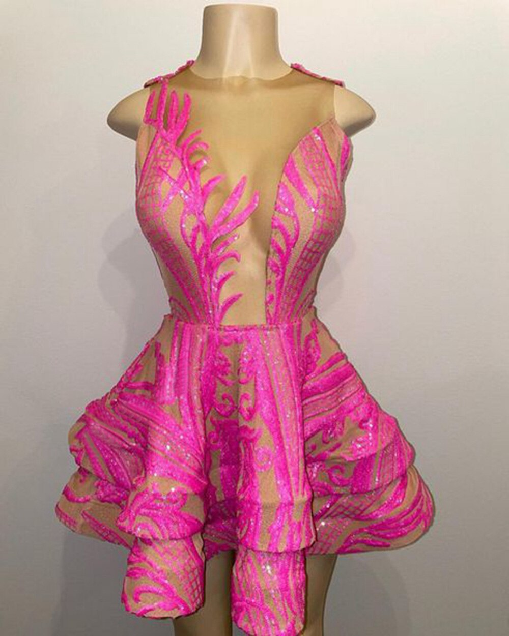 Cute Sheer O-neck Hot Pink Sequin Black Girl Short Prom Dresses For Birthday Party