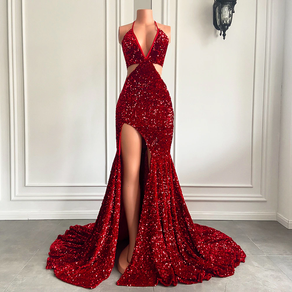 Long Sexy Prom Dresses Mermaid High Slit Halter Sparkly Red Sequin African Black Girls Prom Gala Party Gowns