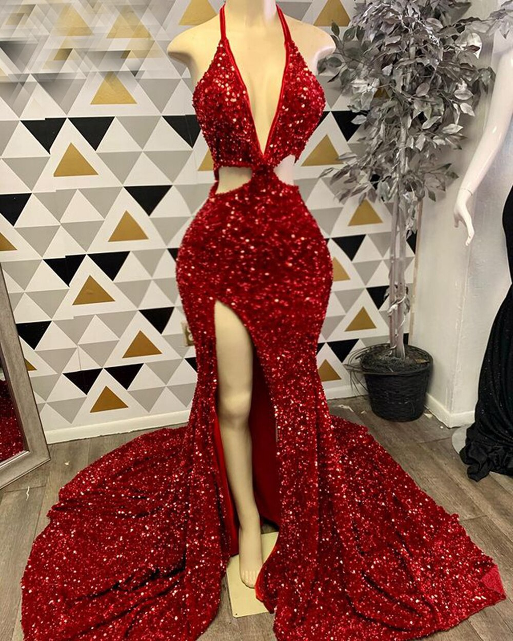 Long Sexy Prom Dresses Mermaid High Slit Halter Sparkly Red Sequin African Black Girls Prom Gala Party Gowns