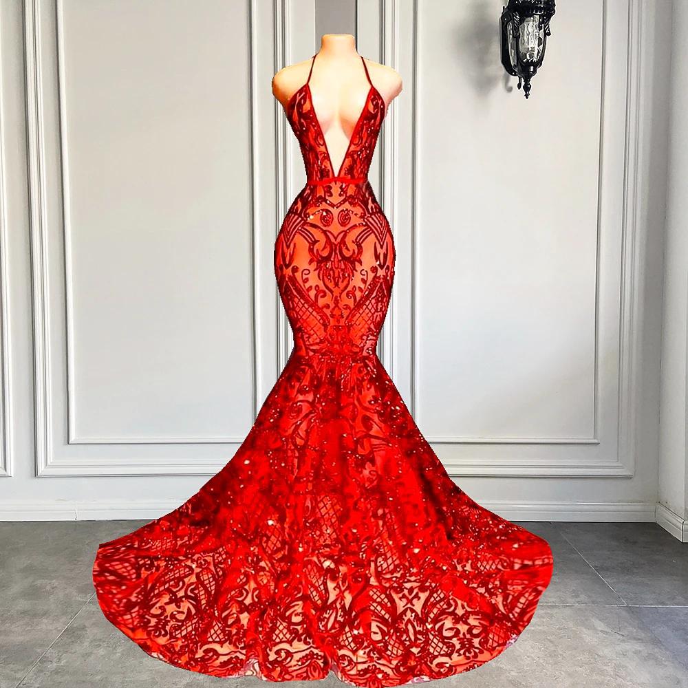 Long Sexy Prom Dress Halter Mermaid Style Backless Sparkly Red Sequin Black Girls Prom Gala Gowns