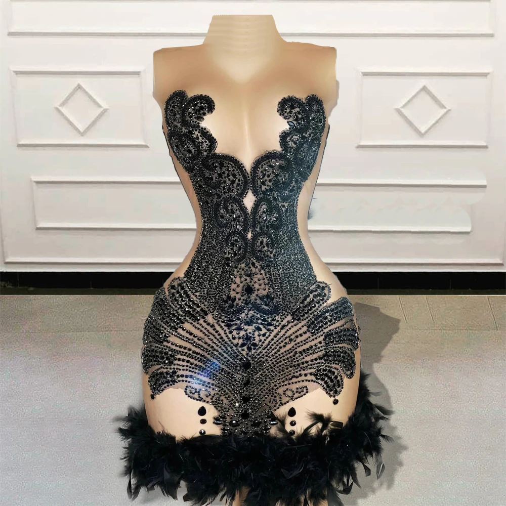 Sexy See Through Short Prom Dress for Black Girl Luxury Beads Diamond Feathers Women Mini Cocktail Gowns for Birthday Party