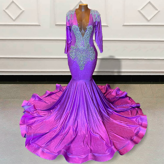 Glitter Beaded Purple Mermaid Long Prom Dresses for Graduation Party Full Sleeves Backless Women Custom Formal Evening Gown