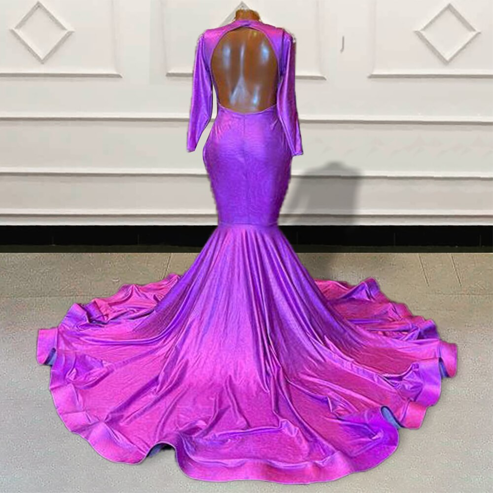 Glitter Beaded Purple Mermaid Long Prom Dresses for Graduation Party Full Sleeves Backless Women Custom Formal Evening Gown