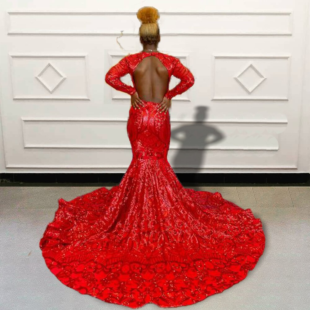 Sparkly Sequin Red Mermaid Long Prom Dresses for Graduation Party Full Sleeves Black Girls Custom Occasion Evening Gown