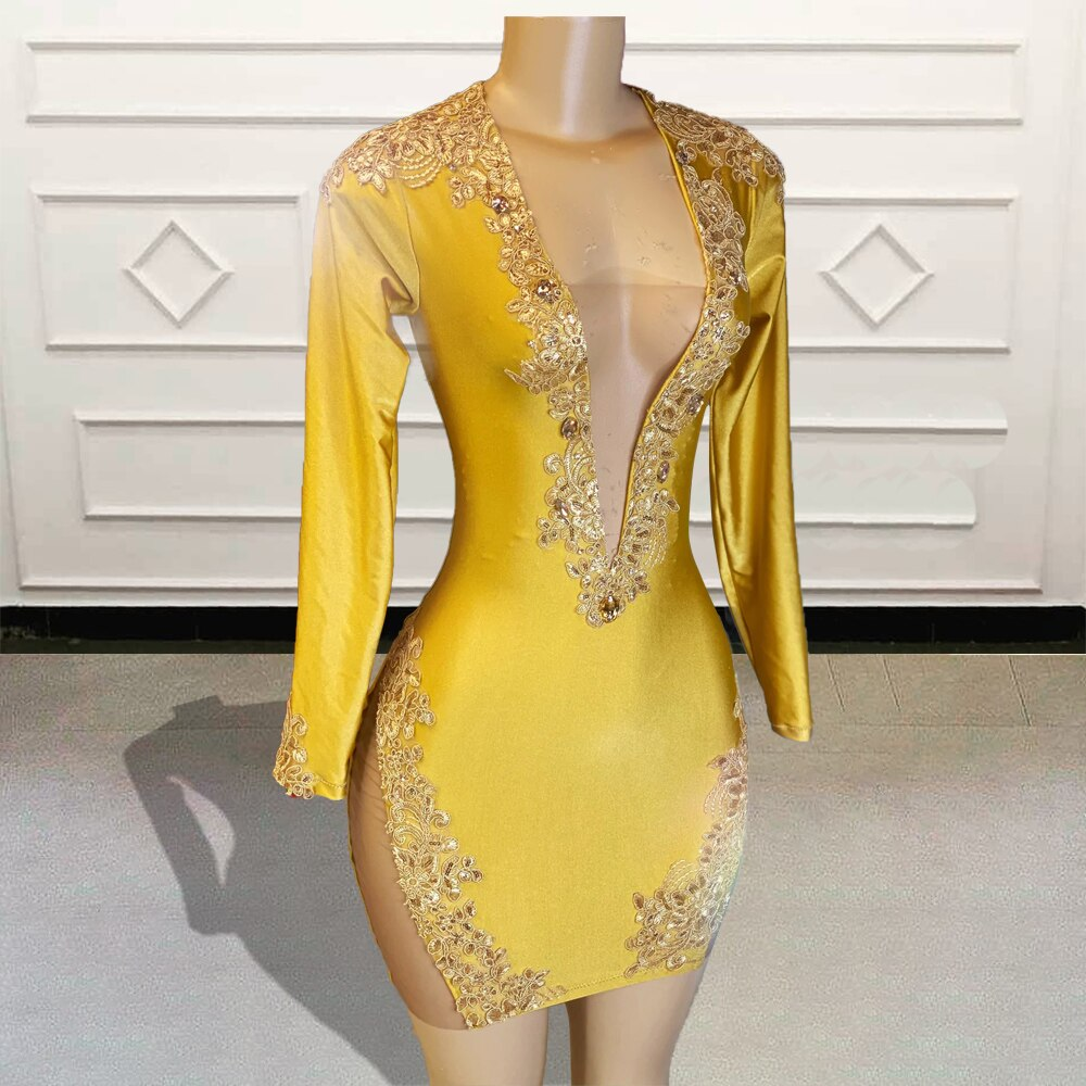 Sexy Black Girls Gold Short Prom Dresses Lace Beaded Full Sleeves Women Mini Cocktail Gowns for Birthday Party Custom Made