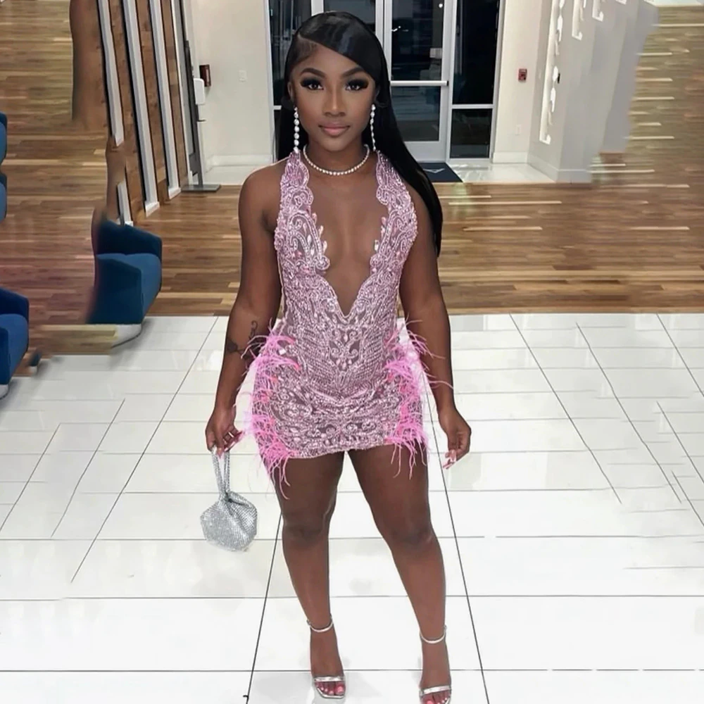 Glitter Beaded DIamond Women Gold Short Prom Dresses for Birthday Party Sexy See Through Black Girls Mini Cocktail Gowns