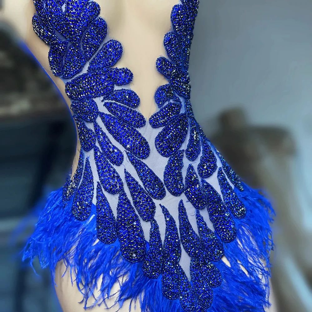 Glitter Beaded Feather Black Girls Blue Short Prom Dresses Sexy Women Mini Cocktail Gowns for Birthday Party Custom Made