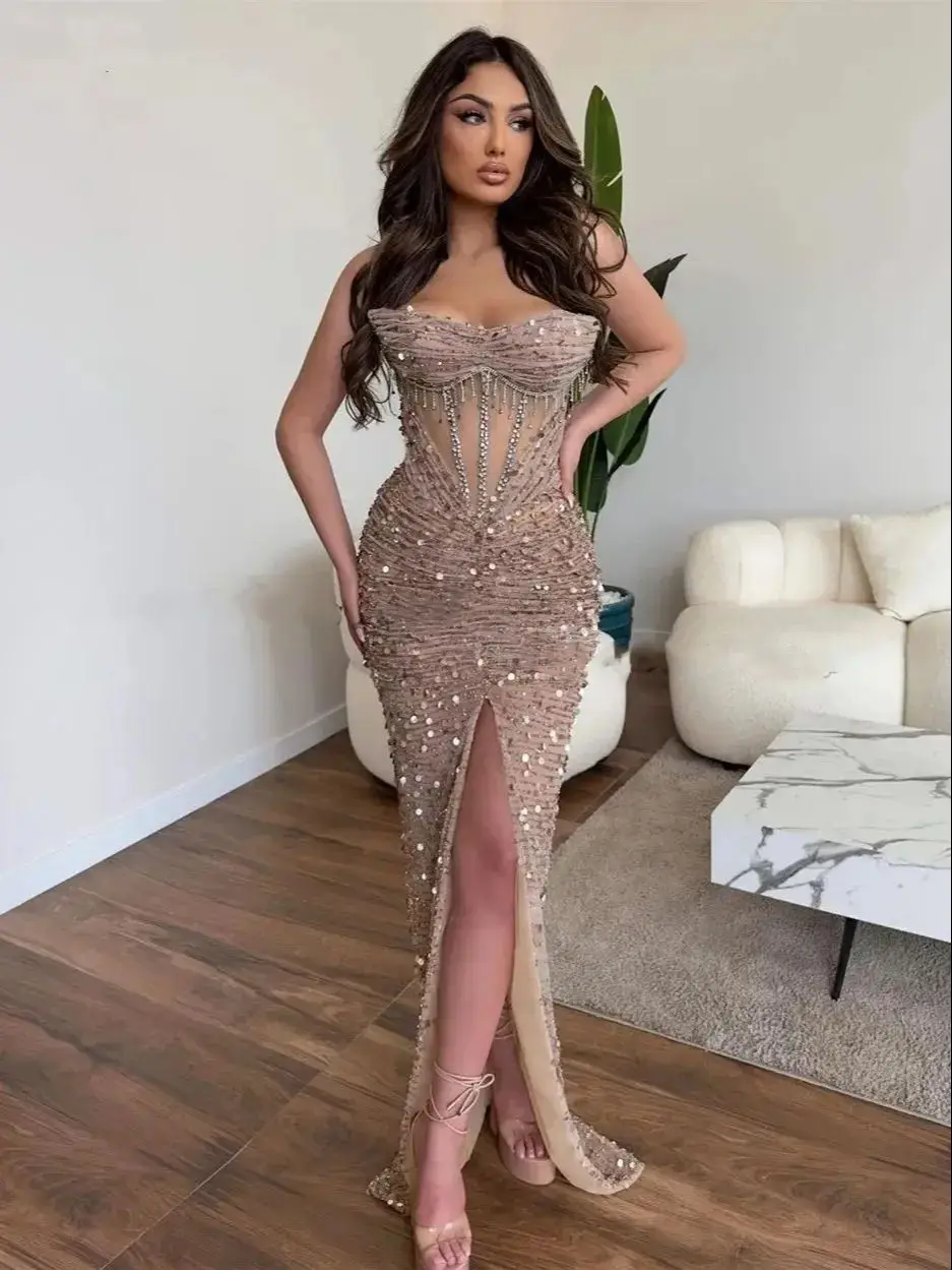 Luxury Champagne Glitter Mermaid Evening Dresses Sweeheart Off Shoulder Side Slit Sequins Floor Length Sexy Prom Dress