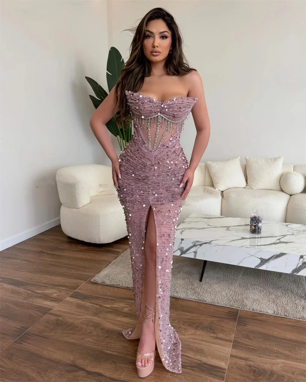 Luxury Champagne Glitter Mermaid Evening Dresses Sweeheart Off Shoulder Side Slit Sequins Floor Length Sexy Prom Dress