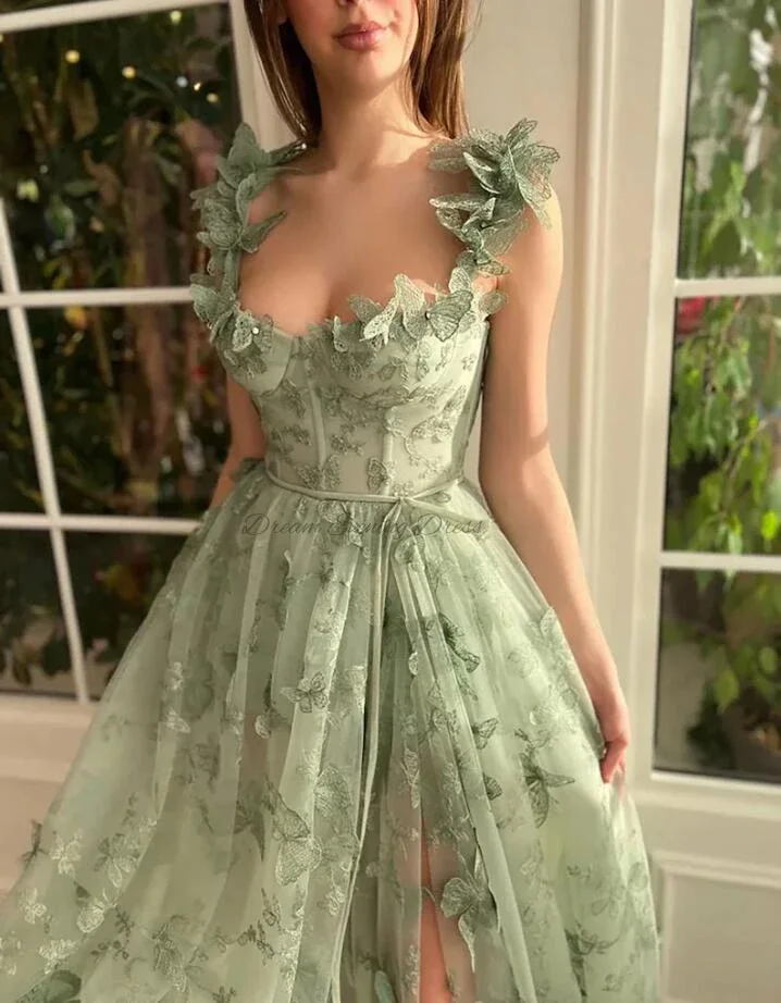 Sweet Temperament Grass Green Sweetheart 3D Decal Tulle A-line High Split Evening Dresses Porm Dress Birthday Party Dresses